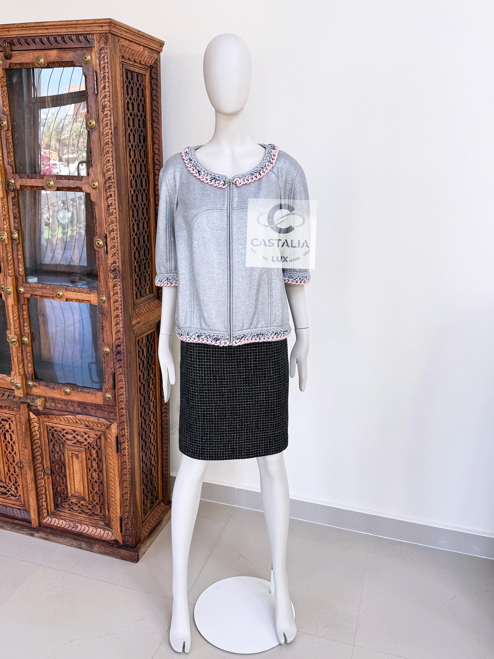 Chanel New Chain Link Trim Shimmer Grey Jacket 40 FR 2