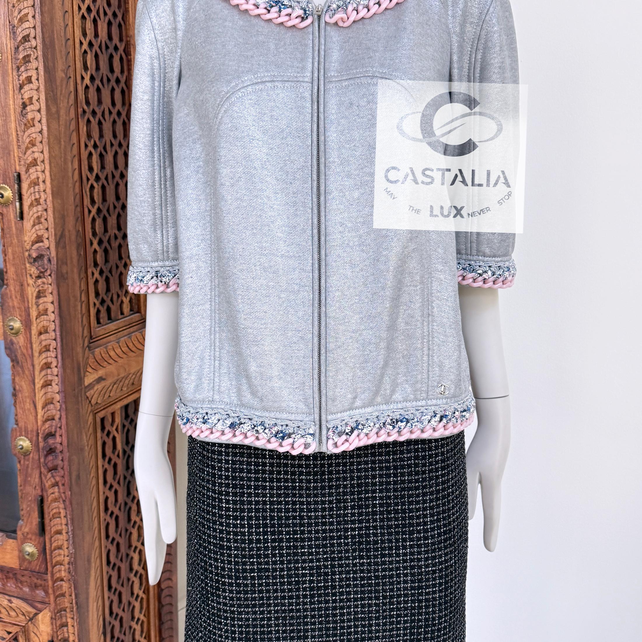 Chanel New Chain Link Trim Shimmer Grey Jacket 40 FR 4