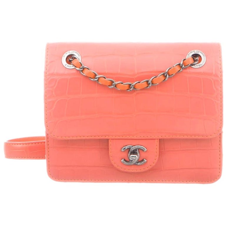 Chanel NEW Coral Alligator Exotic Silver Leather Small Evening Shoulder  Flap Bag For Sale at 1stDibs