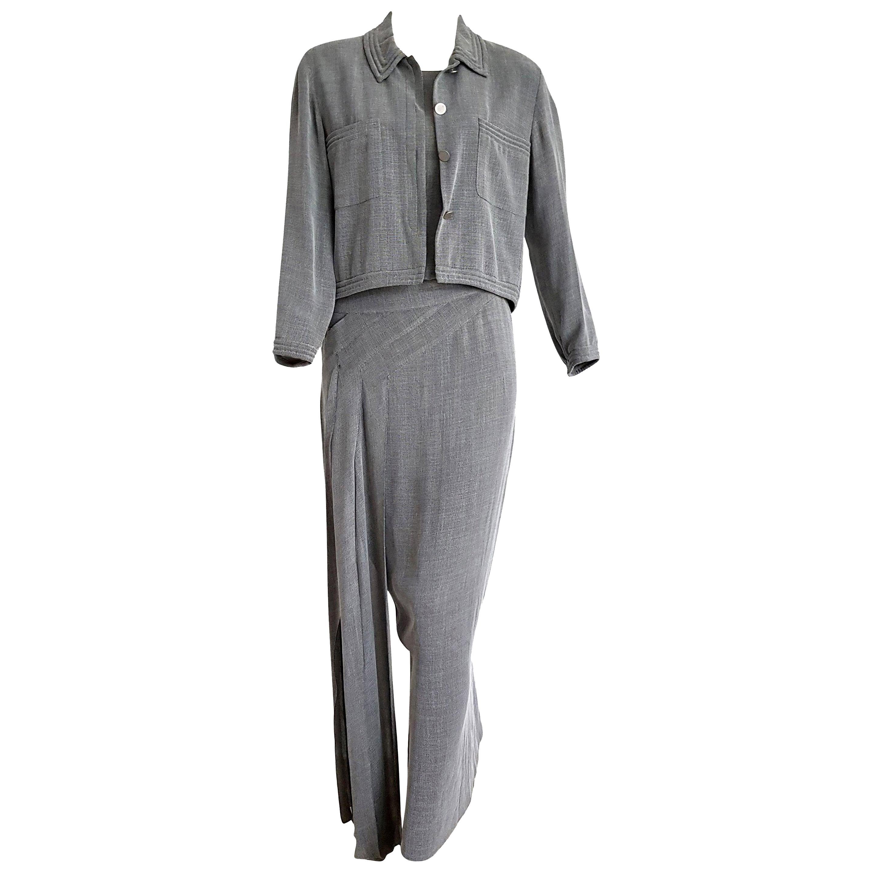 CHANEL "New" Couture Jacket and Long Dress Silk Grey Suit - Unworn  For Sale