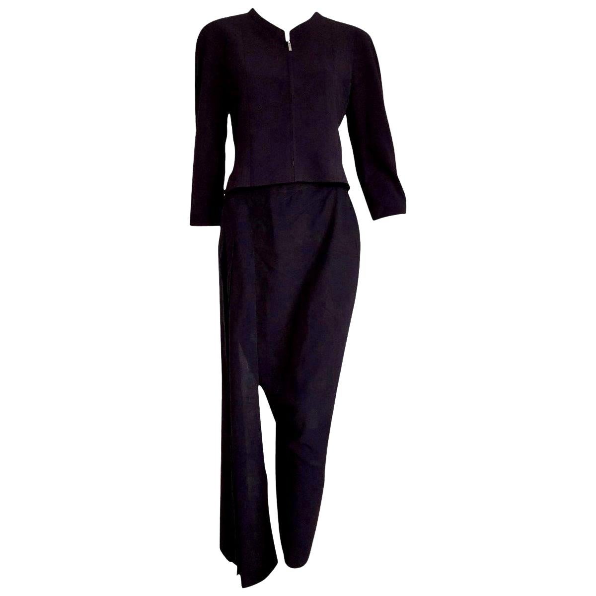 CHANEL "New" Dark Blue Front Zip Short Jacket Skirt Drape Wool Silk - Unworn  For Sale