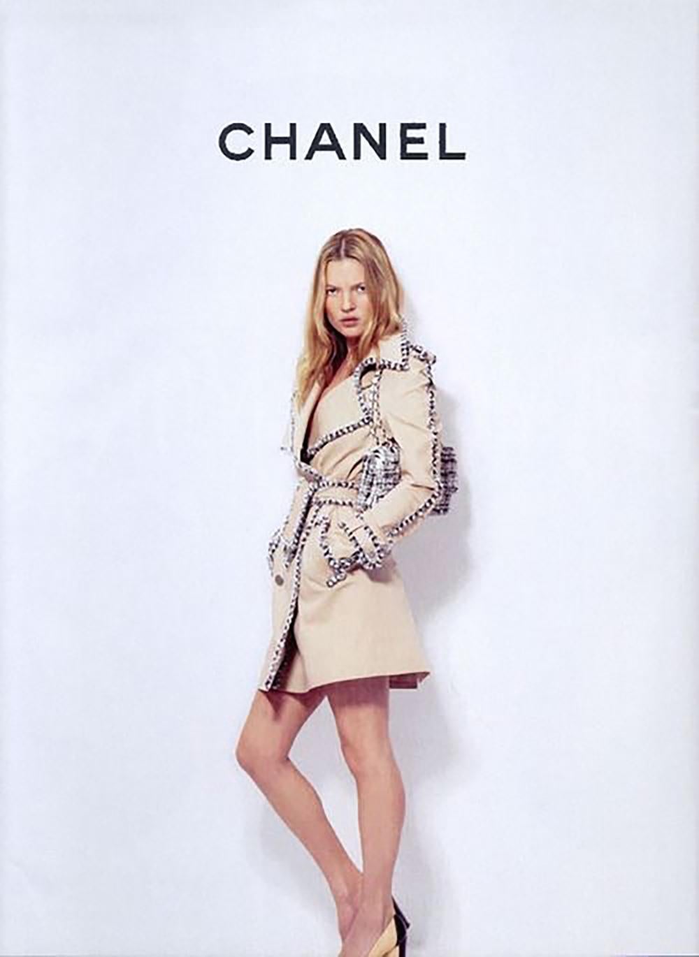 Legendary, extremely rare Chanel beige quilted trench with leather & metal chain trim from Mr Karl Lagerfeld's 2004 Spring collection, 04A, 04P
As seen in Ad Campaign on Kate Moss! 
Iconic and recognisable -- unmistakably Chanel style.
Size mark 40