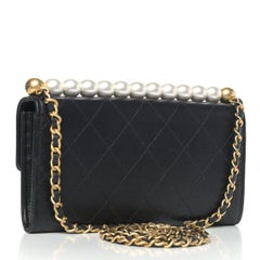 CHANEL NEW Faux Pearl Black Goatskin Leather Gold Clutch Shoulder Flap Bag