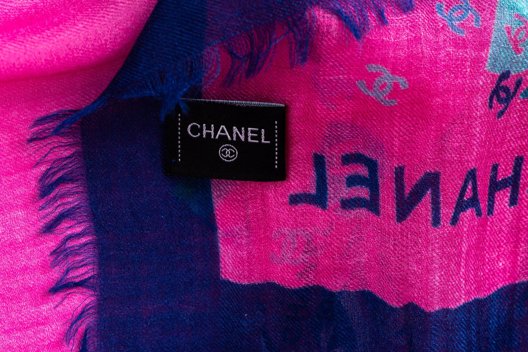 Pink Chanel New Fuchsia Blue Cashmere Shawl For Sale
