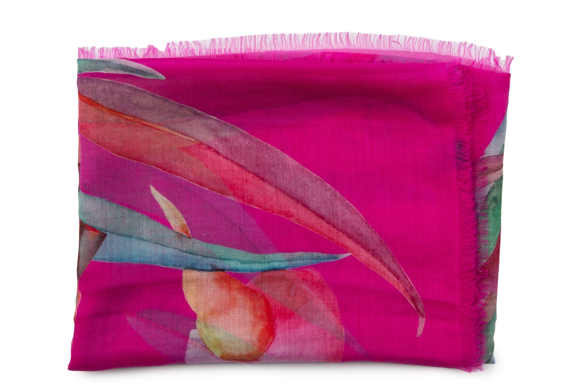New Chanel fuchsia and multicolor Leaves with Chanel logos cashmere shawl.