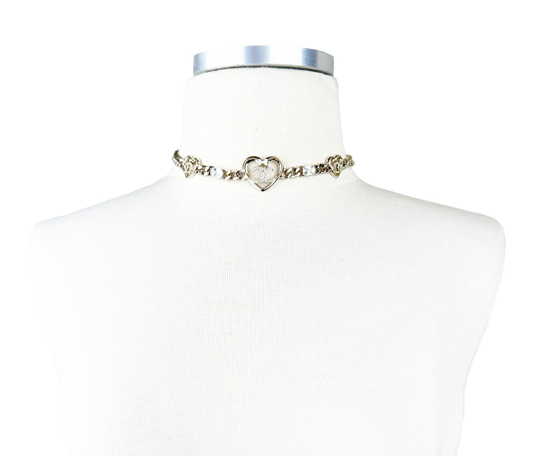 Artisan Chanel New Gold CC 3 Heart Crystal Chain Choker Necklace  For Sale