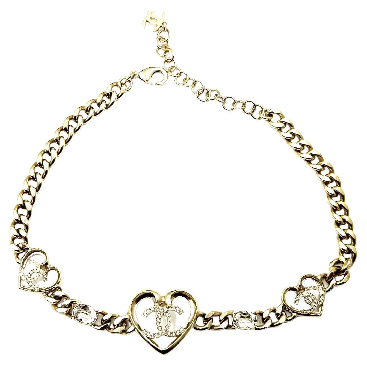 Chanel New Gold CC 3 Heart Crystal Chain Choker Necklace 