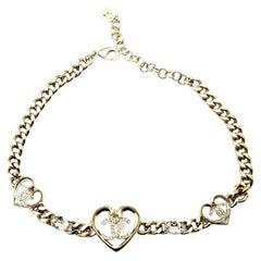 Chanel New Gold CC 3 Heart Crystal Chain Choker Necklace 