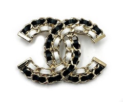 Chanel New Gold CC Black and White Leather Chain Large Brooch
