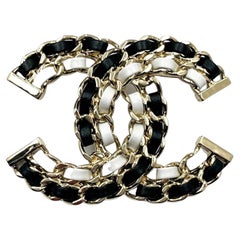Chanel New Gold CC Black and White Leather Chain Large Brooch