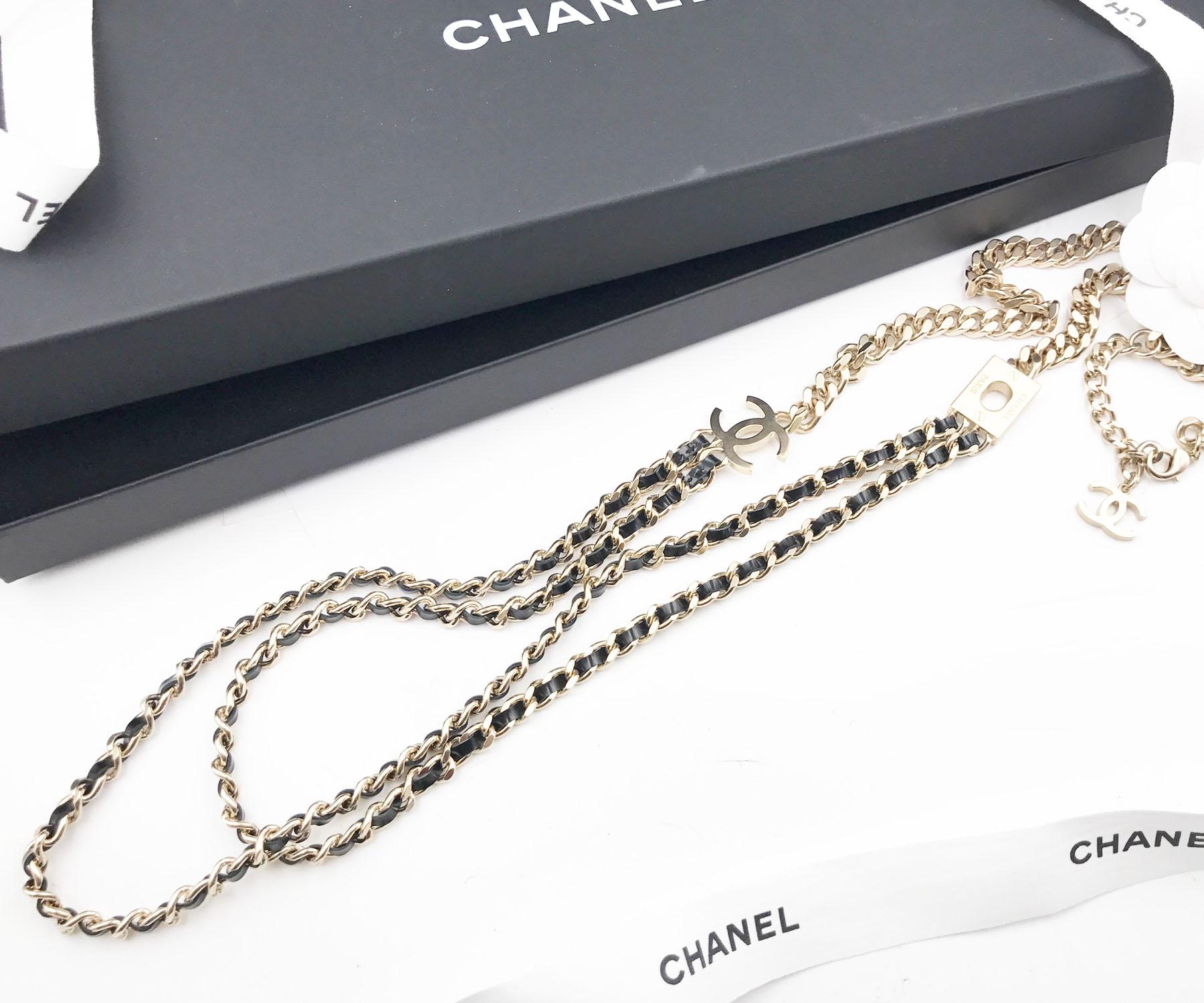 Chanel Brand New Gold Chain Leather Long Necklace + Removable Gold Camellia Brooch Set

*Marked 17
*Made in Italy
*Comes with original boxes, pouches, ribbons and camellia flower
*Brand New and it is for 2 items as a set

-The necklace is