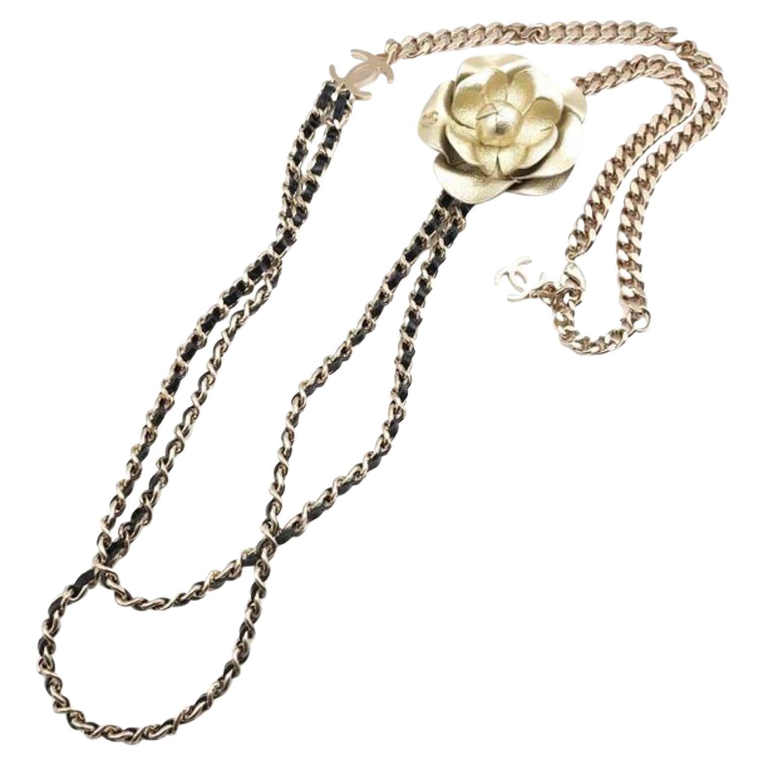 Chanel New Gold Chain Leather Long Necklace Removable Brooch Set