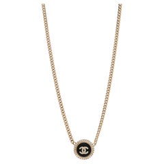  CHANEL NEW Gold Crystal Black Leather Charm Pendant Necklace in Box