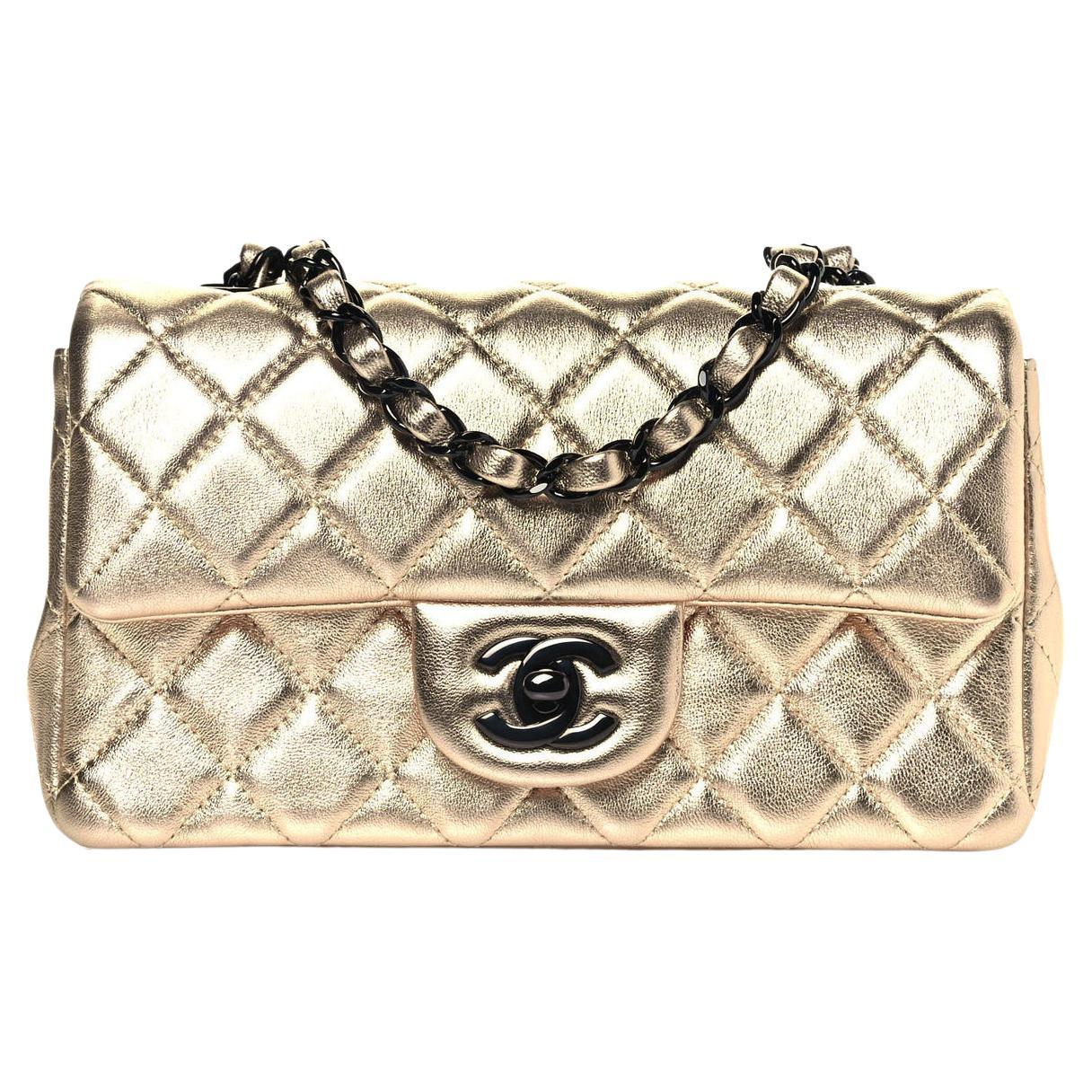 CHANEL NEW Gold Lambskin Black Hardware Evening Small Mini Shoulder Flap Bag  For Sale at 1stDibs