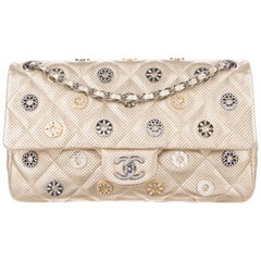 Chanel NEW Gold Leather Gold Silver Gunmetal Charms Evening Shoulder Flap Bag