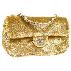 Chanel NEW Gold Leather Sequin Silver Small Evening Party Shoulder Flap Bag