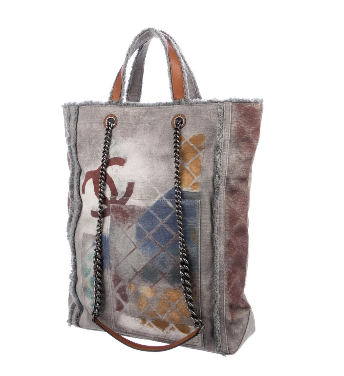 Women's Chanel NEW Gray Canvas Gunmetal Chain Top Handle Shopper Carryall Tote Bag