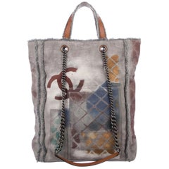 Chanel NEW Gray Canvas Gunmetal Kette Top Handle Shopper Carryall Tote Bag