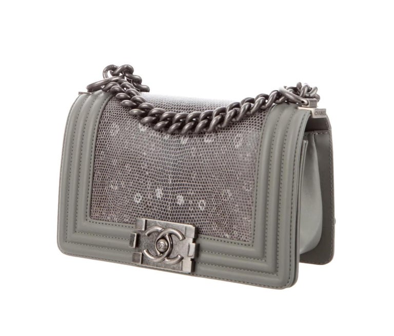 Chanel NEW Gray Lizard Skin Leather Exotic Small Evening Shoulder Flap