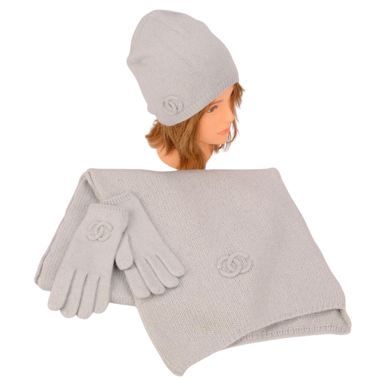 Chanel New Grey Cashmere Hat 
Gloves Scarf Knit Set