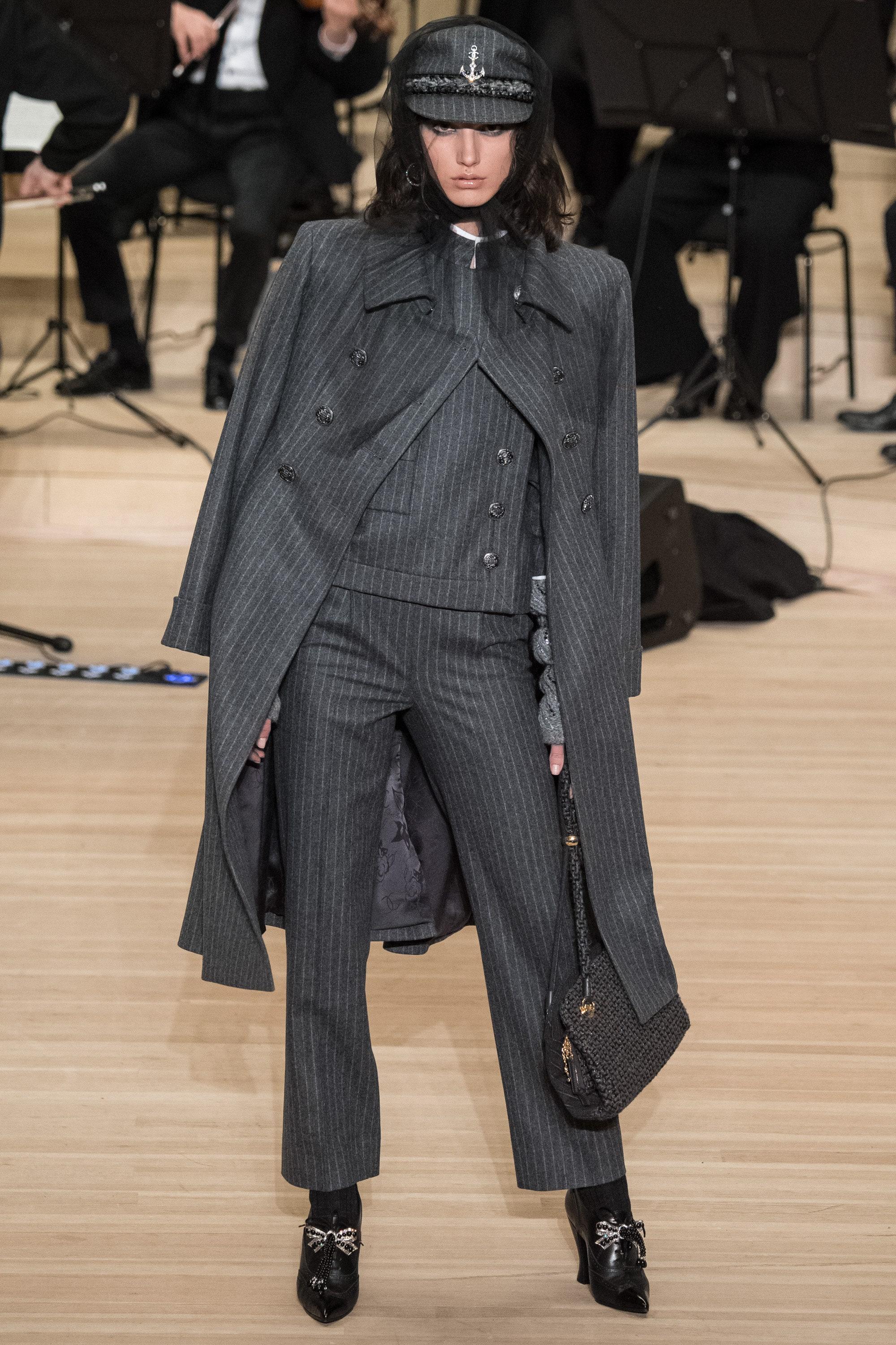 New grey striped jacket from Runway of 2018 Pre-Fall Collection: Paris / HAMBURG Metiers d'Art, 18A
- CC logo buttons at front and cuffs
- full silk lining with camellias
- comes with paper Chanel pouch with spare buttons
- detachable white