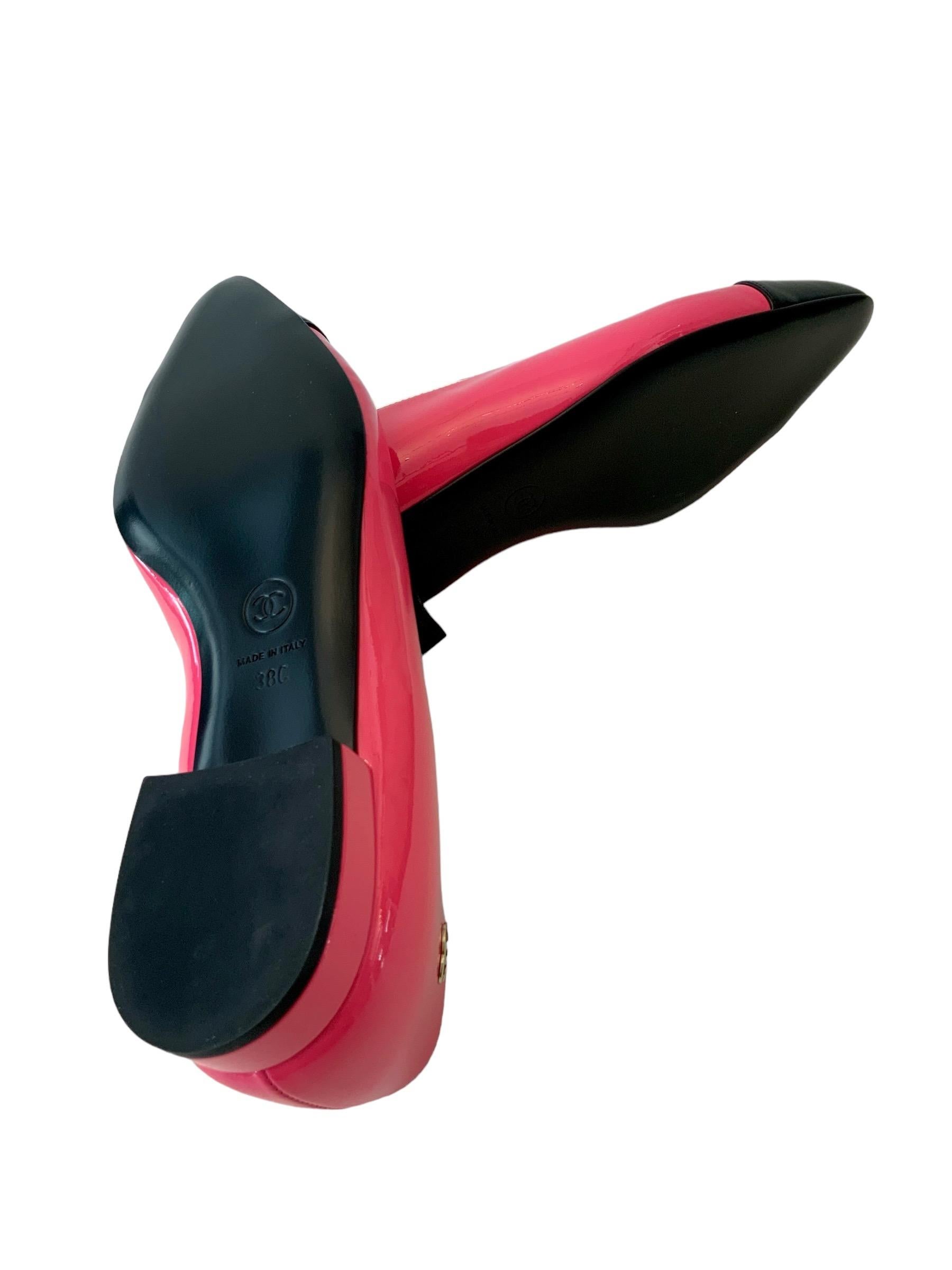 Chanel New Hot Pink and Black Patent Ballerinas  For Sale 3