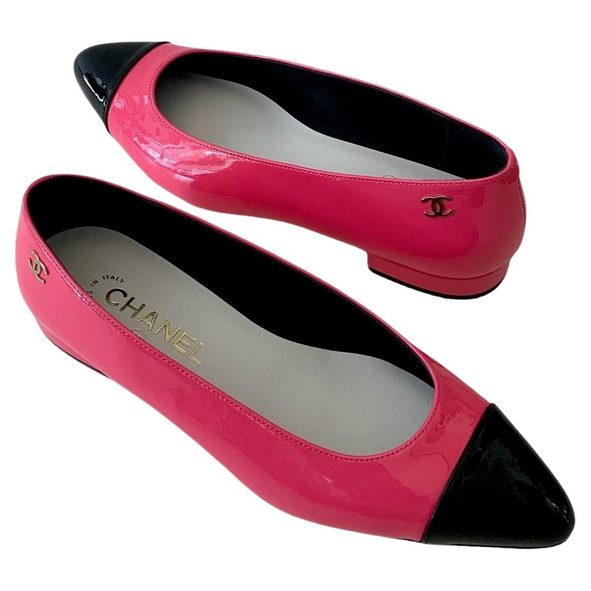 Chanel New Hot Pink and Black Patent Ballerinas  For Sale