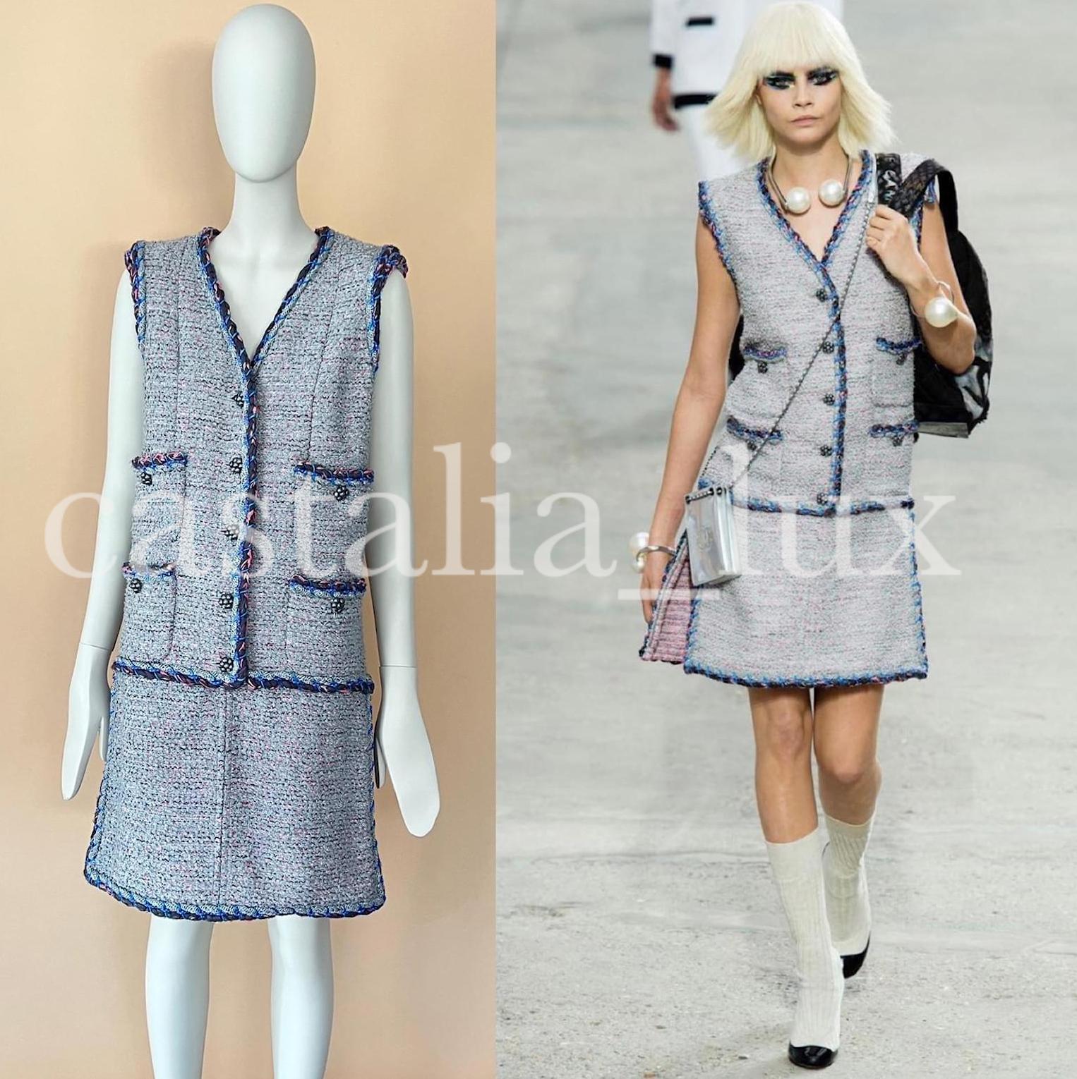 2 days DHL Express delivery worldwide, 
not negotiable
Look # 1 From Runway of 2014 Spring Collection - as seen Cara Delevingne! 
Boutique price 8,860$ 
Size mark 42 FR. 
Never Worn.
- made of grey shimmering lesage tweed with signature braided trim