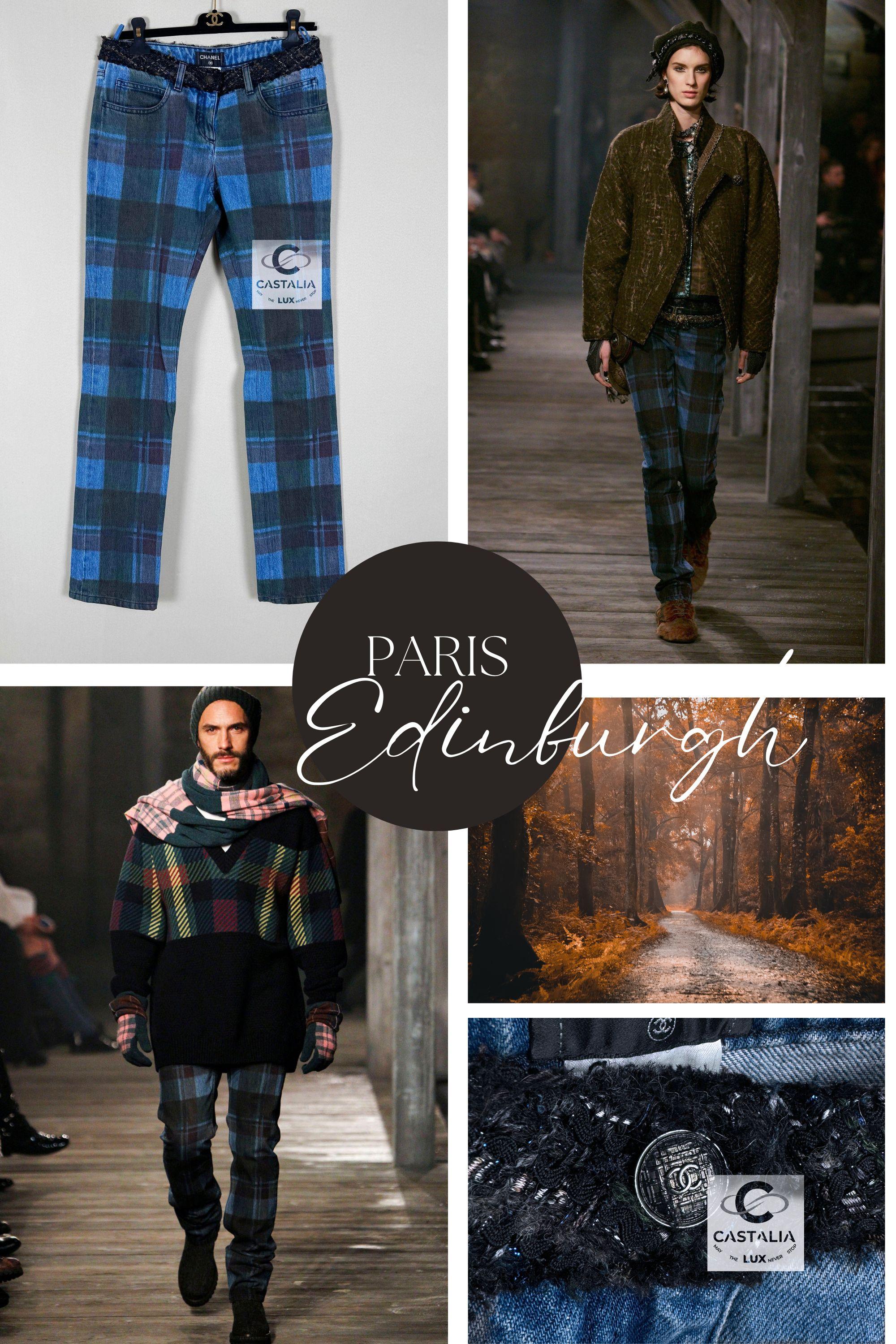 New Icon Chanel jeans with faded tartan pattern from Paris / EDINBURGH Collection, 2013 Pre-Fall Metiers d'Art
As seen on many Looks on Catwalk!
- CC logo plaid buttons at center front
- metallic tweed trim at belt line
Size mark 38 FR. Never worn.