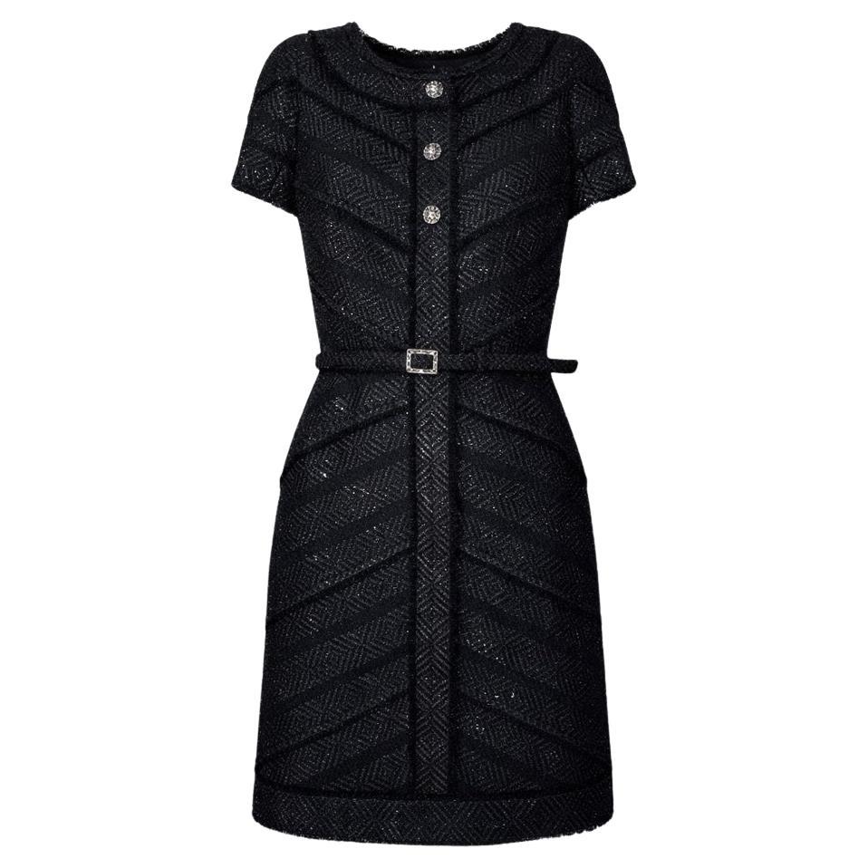 Chanel Nuovo Iconic Black Shimmer Tweed Belted Dress 36 FR
