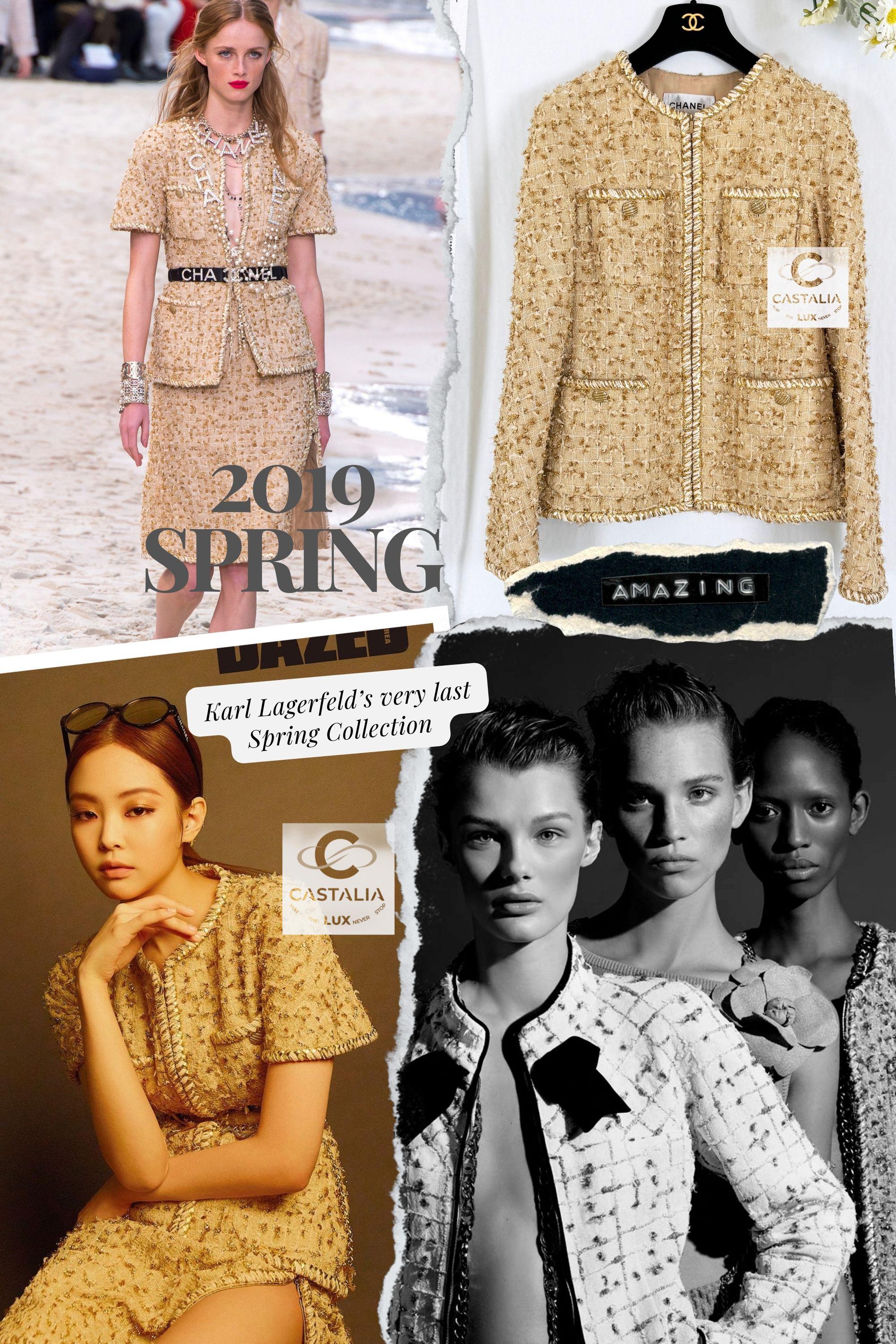 Iconic Chanel sand beige tweed jacket from Ad Campaign of 2019 Spring Collection by Karl Lagerfeld !
AS seen on Chanel's Ambassador Jennie Kim
Size mark 40 FR. Never worn.a
- CC logo 'shell' buttons
- marvellous sand beige Lesage tweed with