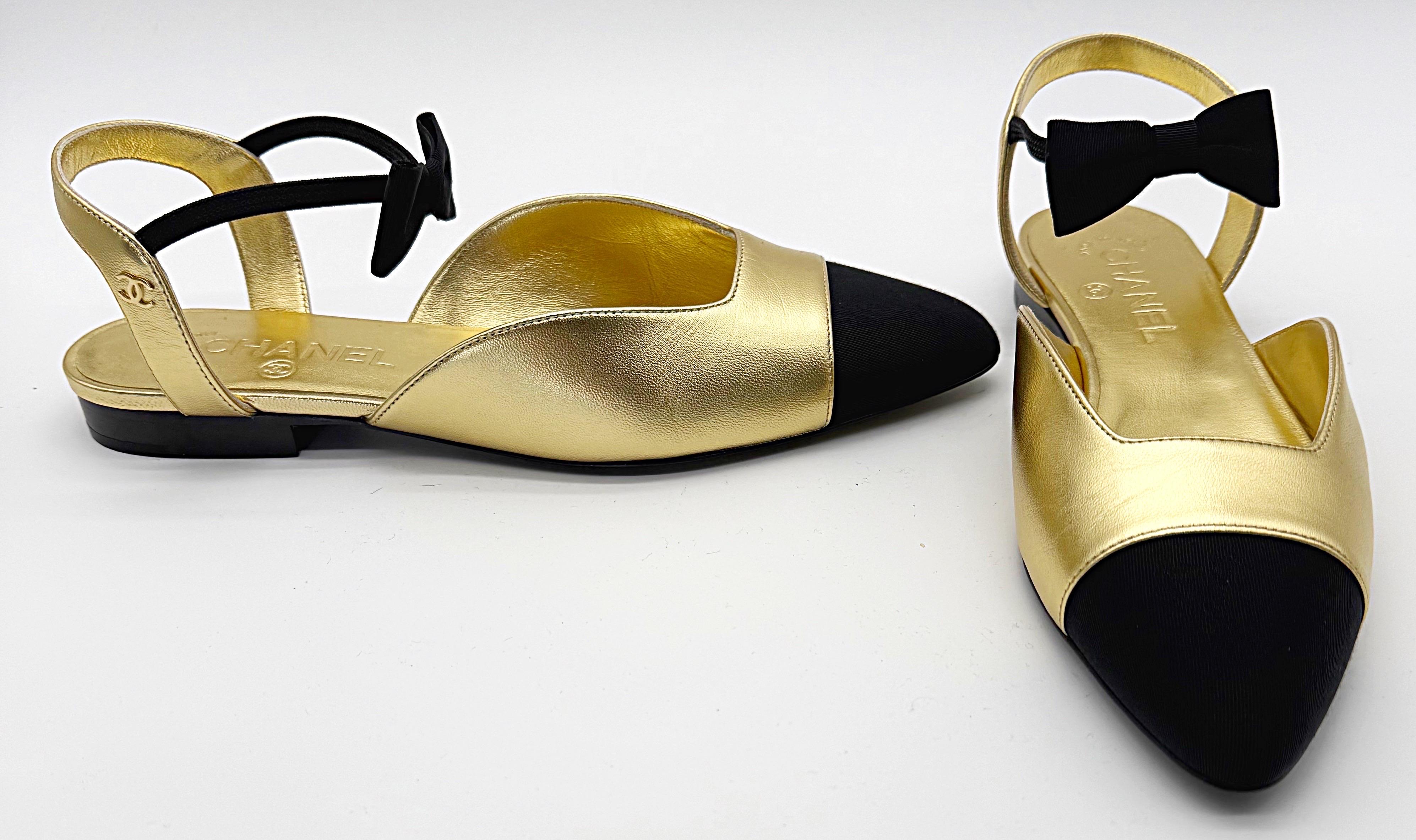 Chanel New in Box Size 38.5 Gold + Black Mary Jane Point Toe Bow Ballet Flats For Sale 1