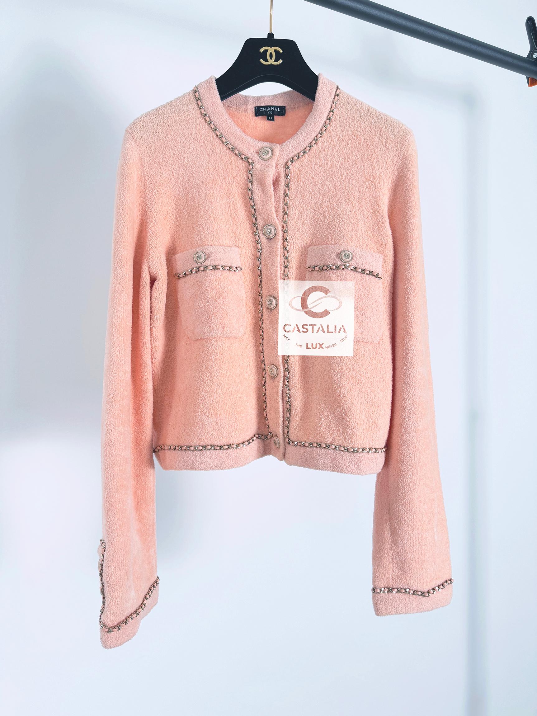 Chanel New Jennie Kim Style Teddy Cardigan with Chains 38 FR For Sale 3