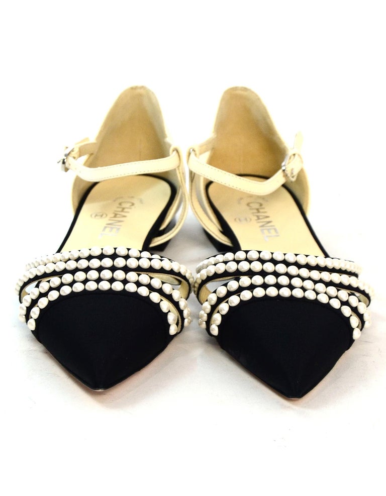 Chanel New Leather/Grosgrain Faux Pearl Paris-Rome D'orsay Flats sz 39 at  1stDibs