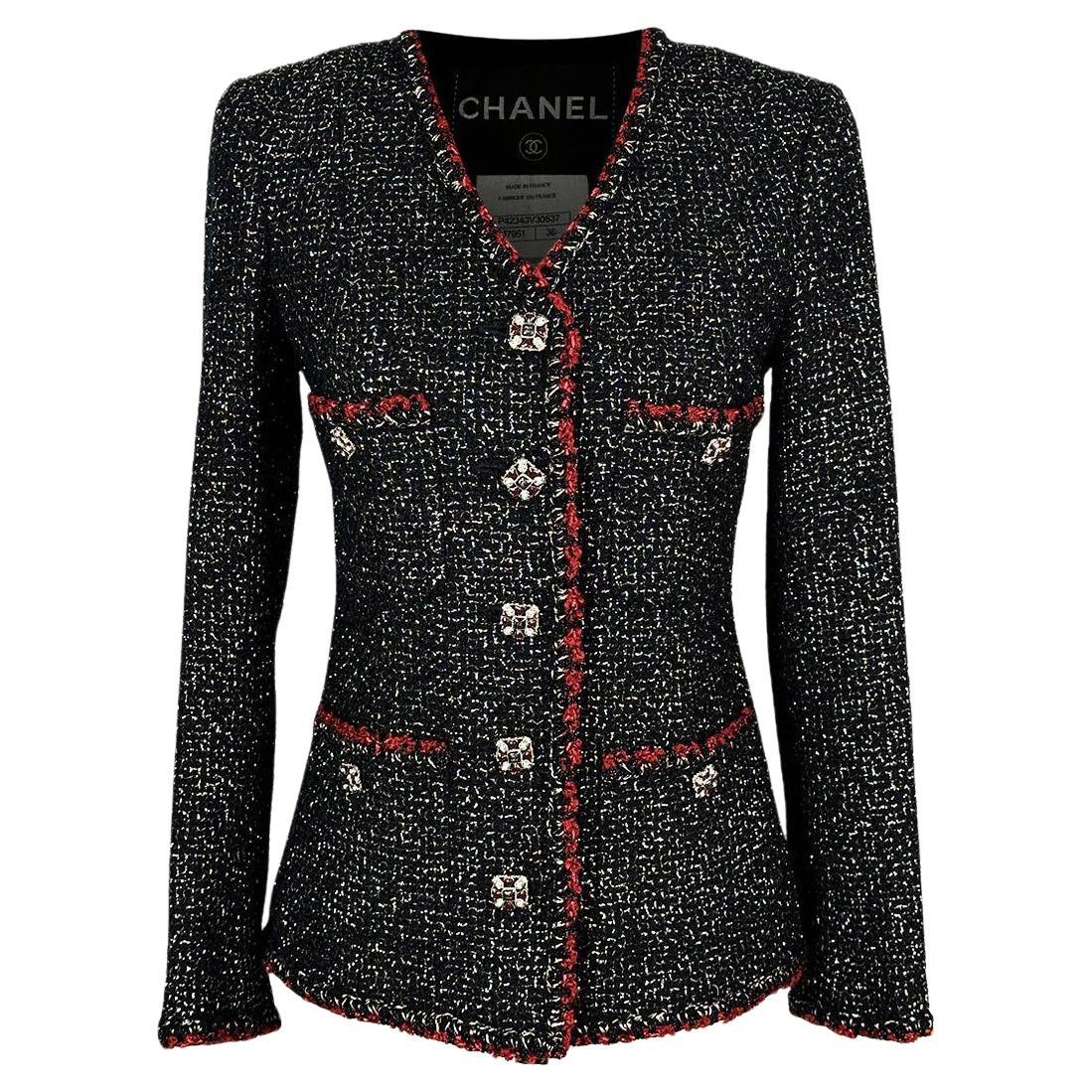 CHANEL New Legendary Jewel Buttons Black Tweed Jacket 34 FR