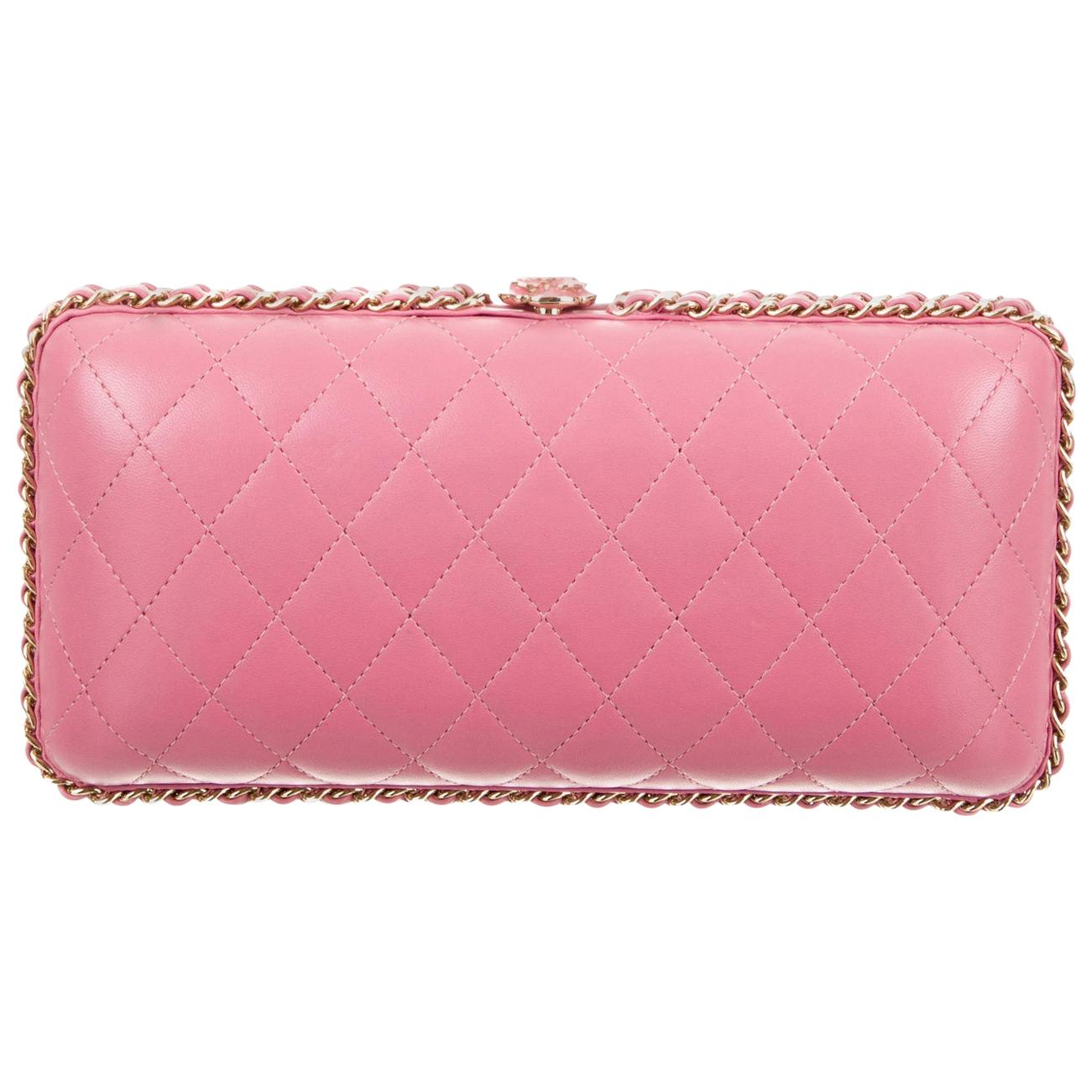 Chanel NEW Light Pink Leather Gold 2 in 1 Chain Evening Shoulder Clutch ...
