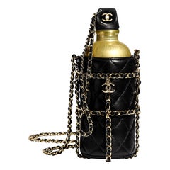 Chanel NEW Limited Edition Black Leather Gold Chain Water Bottle in Box 