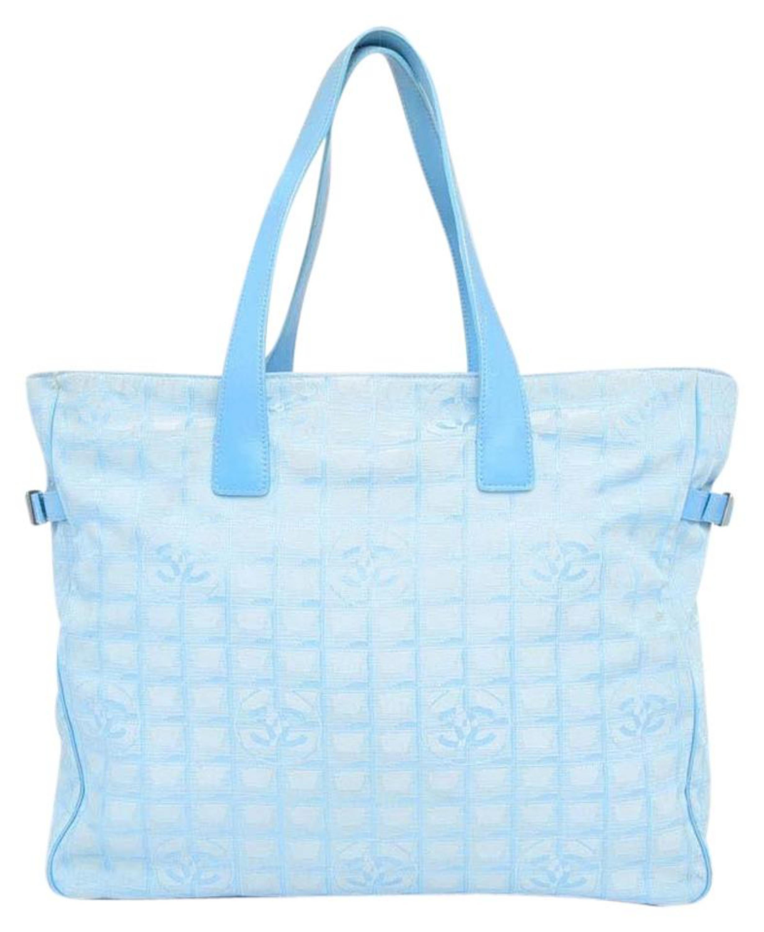 Chanel New Line Travel Gm 228259 Light Blue Quilted Nylon X Leather Tote For Sale 2