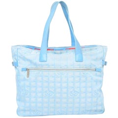 Chanel New Line Travel Gm 228259 Light Blue Quilted Nylon X Leather Tote
