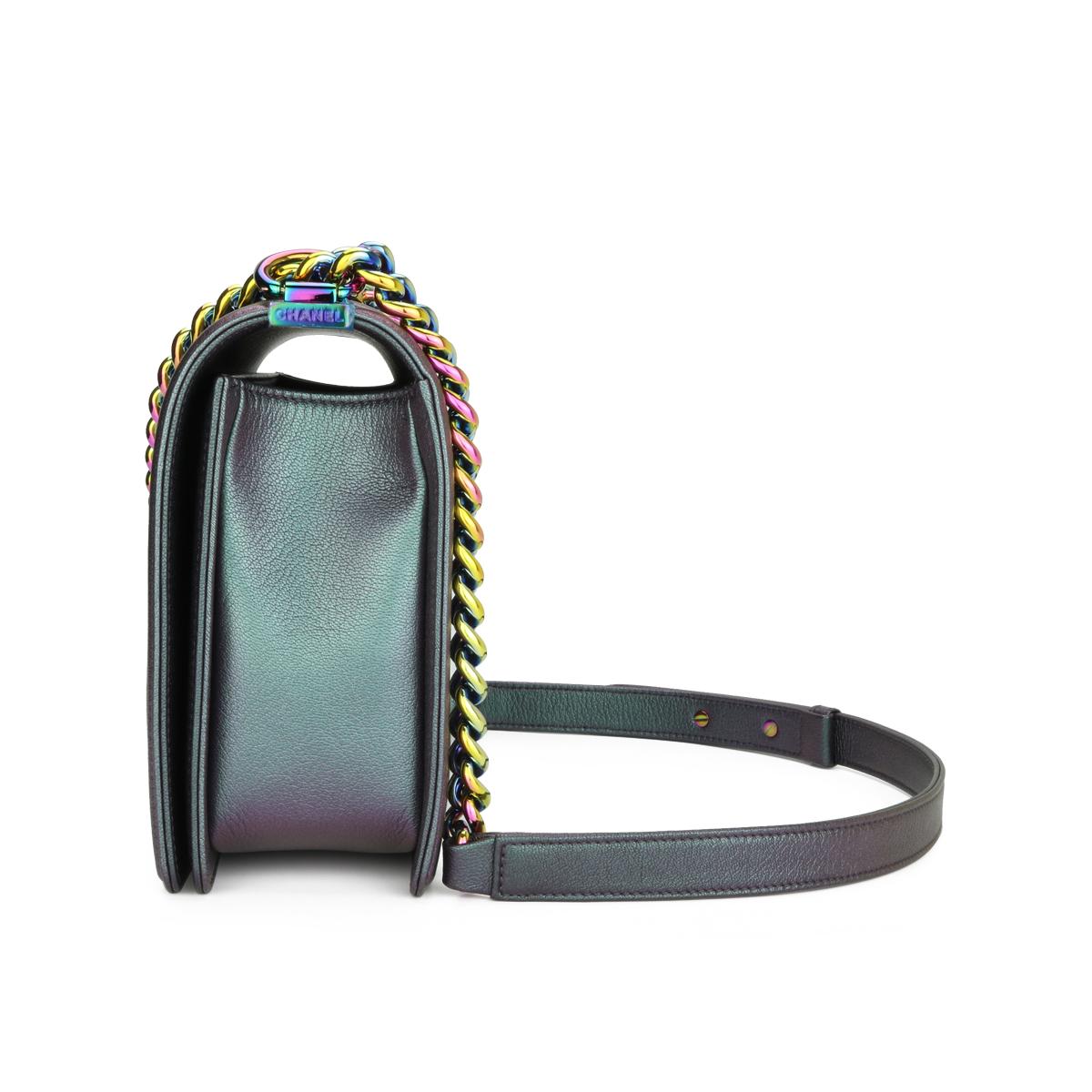 Gray CHANEL New Medium Boy Bag Iridescent Purple Goatskin with Rainbow Hardware 2016