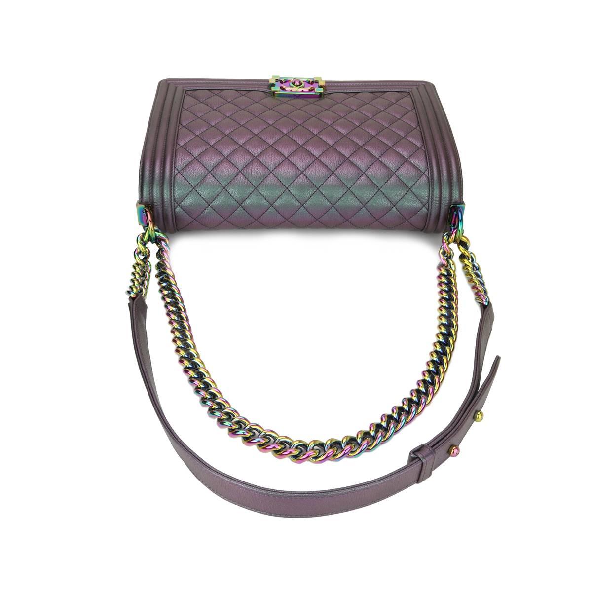 Gray Chanel Medium Boy Iridescent Purple Goatskin with Rainbow Hardware, 2016