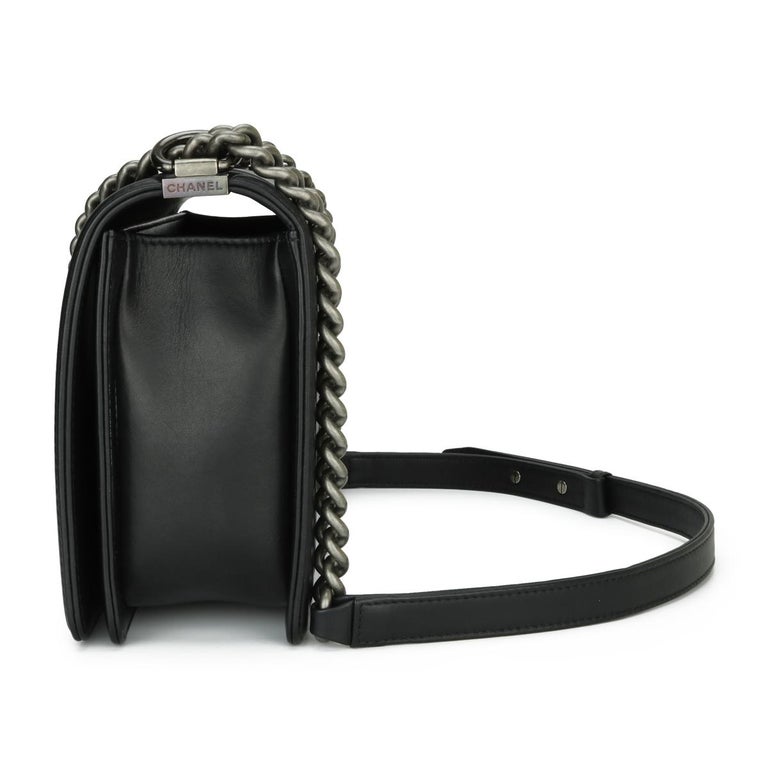 CHANEL New Medium Chevron Boy Bag Black Calfskin with Ruthenium
