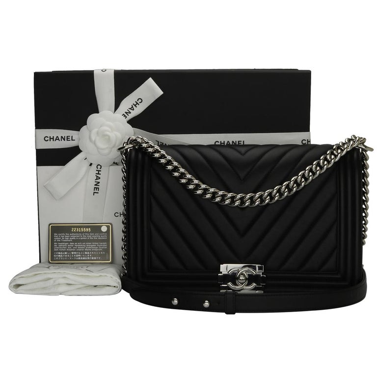 CHANEL New Medium Chevron Boy Bag Black Calfskin with Shiny Silver
