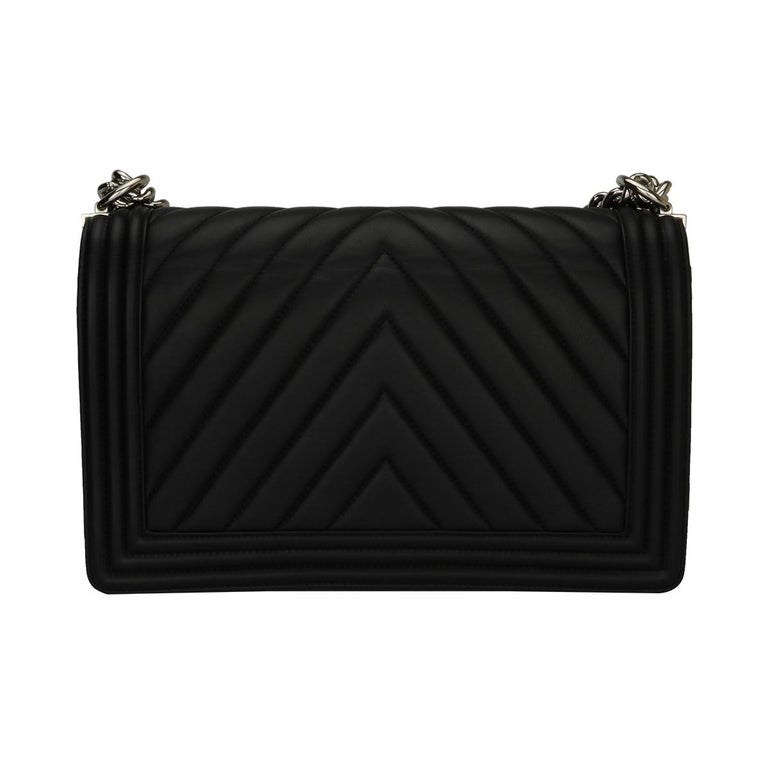 CHANEL New Medium Chevron Boy Bag Black Calfskin with Shiny Silver