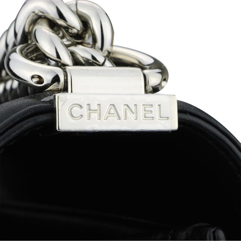 CHANEL New Medium Chevron Boy Bag Black Calfskin with Shiny Silver