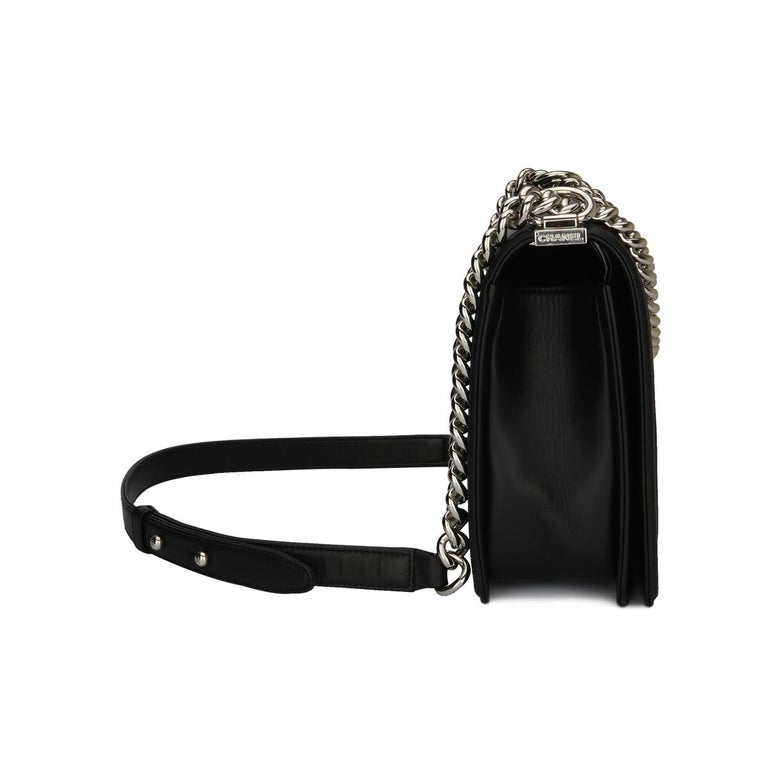 CHANEL New Medium Chevron Boy Bag Black Calfskin with Shiny Silver