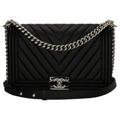 CHANEL New Medium Chevron Boy Bag Black Calfskin with Shiny Silver Hardware 2016