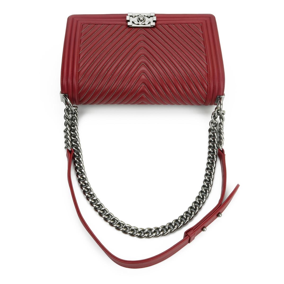 CHANEL New Medium Chevron Boy Bag Dark Red Embroidered Calfskin Gunmetal HW 2014 For Sale 5
