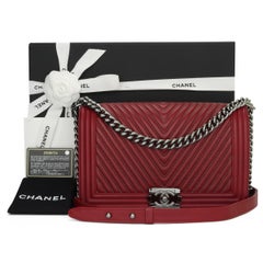 CHANEL New Medium Chevron Boy Bag Dark Red Embroidered Calfskin Gunmetal HW 2014