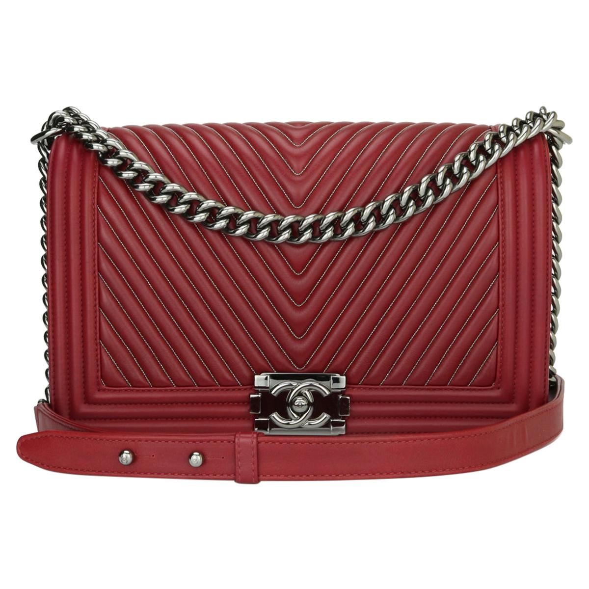 CHANEL New Medium Chevron Boy Bag Dark Red Embroidered Calfskin Gunmetal HW 2014